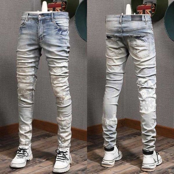 

23 new men's patches detail biker fit jeans men slim motorcycle for mens vintage distressed denim jean pants es0v, Blue