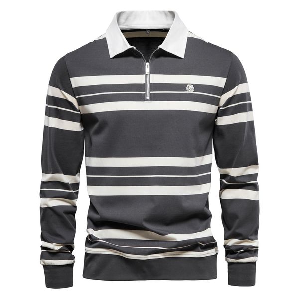

men's polos aiopeson brand cotton long sleeve men's polo shirts cotton striped zipper polo shirts for men spring designer men clot, White;black