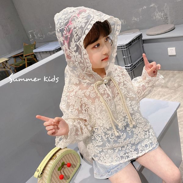 

jackets summer sun protection clothing baby girls korean style embroidery floral lace hooded pullover coat kids thin cool outerwear 28y 2303, Blue;gray