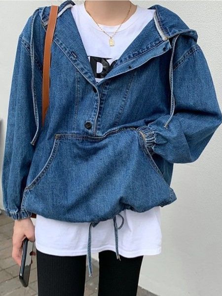 

women's hoodies sweatshirts houzhou casual denim sweatshirt oversized coat korean fashion long sleeve hoodie high street harajuku femal, Black