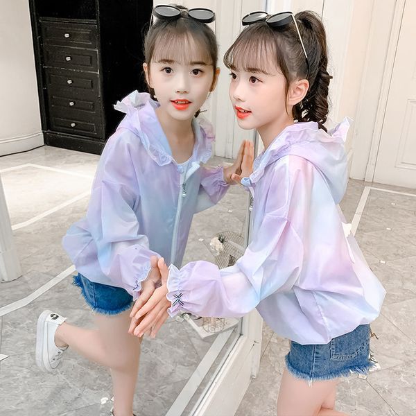 

jackets girls summer hooded sun protection thin section breathable child cardigan allmatch jacket 2 to 12 years old 9 10 11 kids coats 23031, Blue;gray