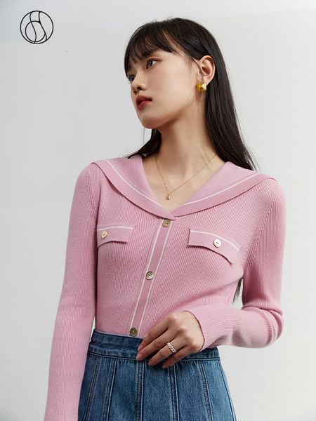 

women's knits tees dushu college style navy collar knitwear early spring sweet color contrast pink vneck cardigan for women 230311, White