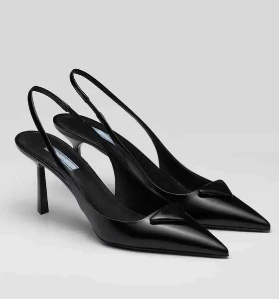 

elegant summer triangle brushed leather sandals shoes for women slingback pumps luxury footwear women high heels party wedding dress, Black