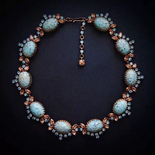 

vintage jewelry women necklace turquoise natural gold plated bling rhinestone queen princess party wearings girls gift ideas, Red;brown