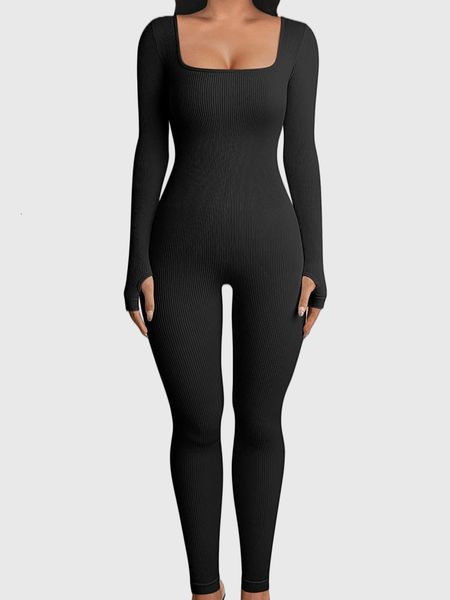 

women's jumpsuits rompers autumn jumpsuits women solid color ribbed long sleeve u neck bodycon romper jumpsuits vintage fitness club we, Black;white