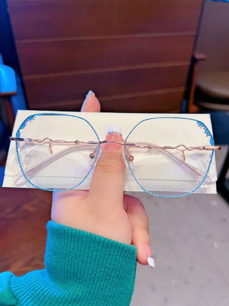 

rimless beauty makeup glasses ladies diamond cut edge delicate personality prescription mirror fashion temperament ladies blue purple border, Silver