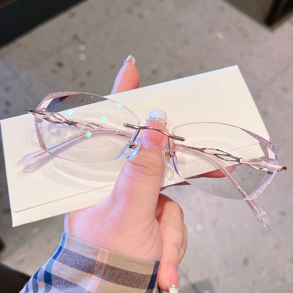 

rimless glasses women's diamond cut edge delicate personality prescription mirror fashion temperament women's glasses pure titaniu, Silver