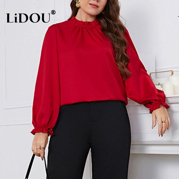 

women's blouses shirts autumn winter solid color plus size fashion shirt women temperament casual loose female oversized korean lady pu, White