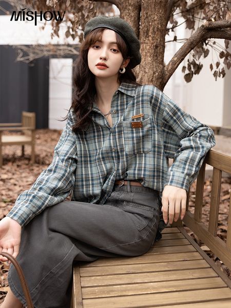 

women's blouses shirts mishow plaid blouses for women fashion autumn 100% cotton polo collar single-breasted shirts chic female mxb35c, White