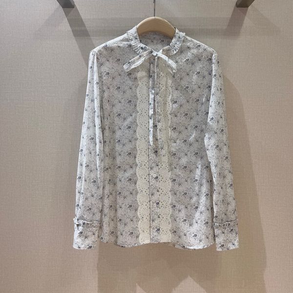 

women's shirt floral bow ruffled collar long sleeve shirt, White