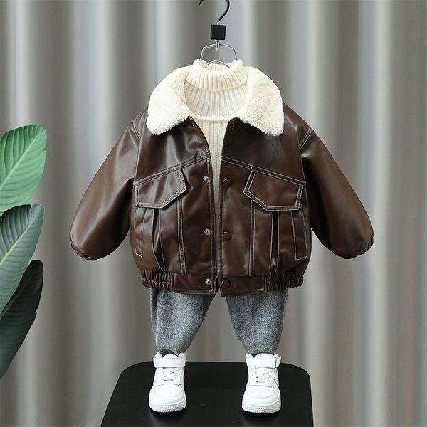 

coat fashion boys leather jacket winter thicken warm turn down collar outerwear children handsome fleece lining loose fur 230311, Blue;gray