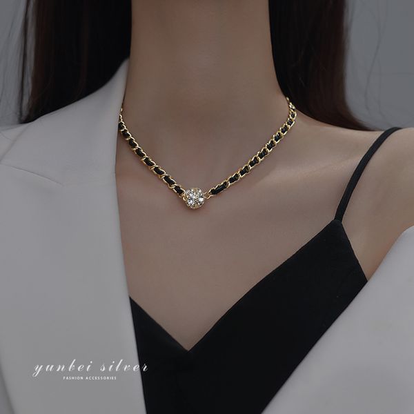 

afshor 2023 new long weave black leather chain necklaces for shiny zircon magnet buckle women layer chain choker necklace clavicle necklaces, Silver