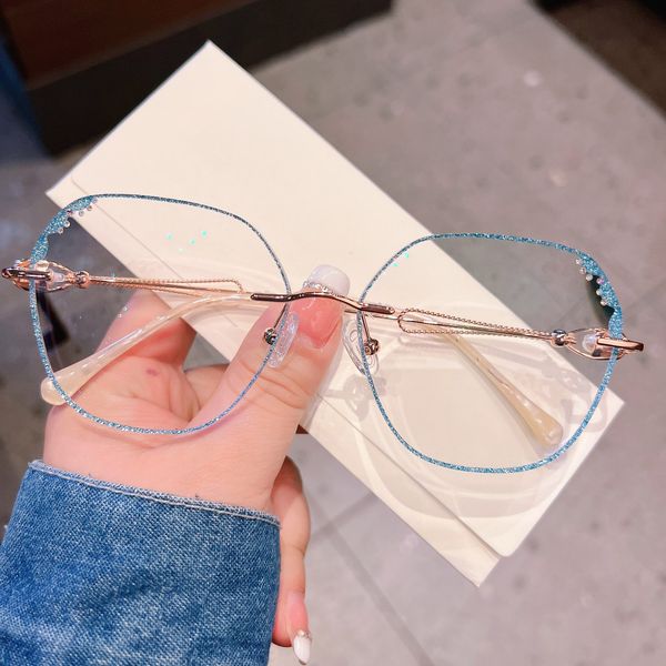 

rimless beauty makeup glasses ladies diamond cut edge delicate personality prescription mirror fashion temperament ladies blue border, Silver