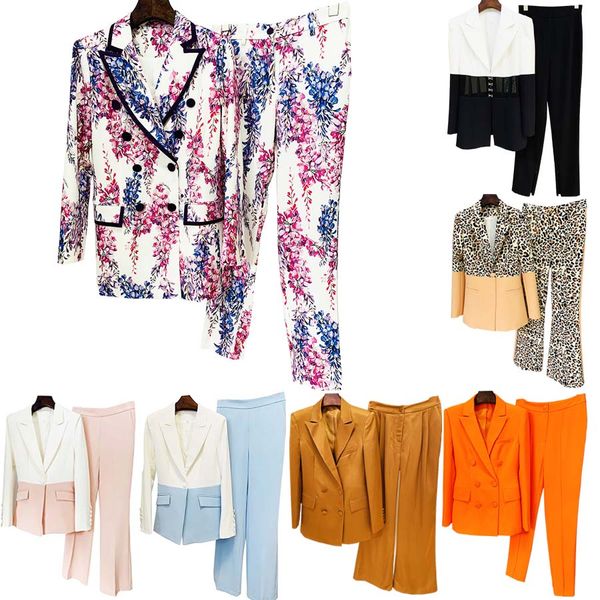 

womens two pcs pants business office lady blazer & suits leopard floral patern print solid colors two colors contrast sets slim desgn s-xxl, White;black