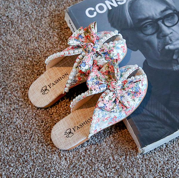 

slipper children slippers kids summer for girls soft floral cloth princess sweet indoor outdoor pearls bow knot 230311, Black;grey