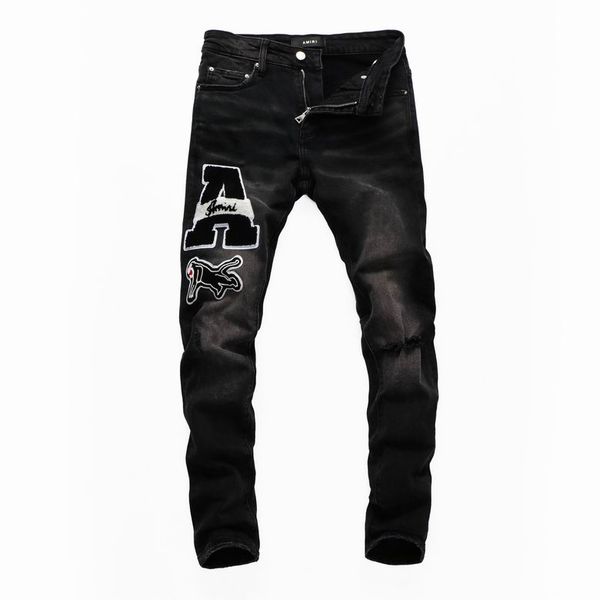 

2023 new men's jeans slim black diamonds set high street straight wash hole long pants size s-xl 28-34 43a0
