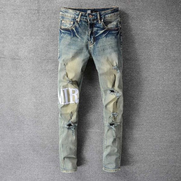 

23 new men's jeans designer punk ripped pants pantalon homme for men retro old street fashion letter motorcycle wvud, Blue
