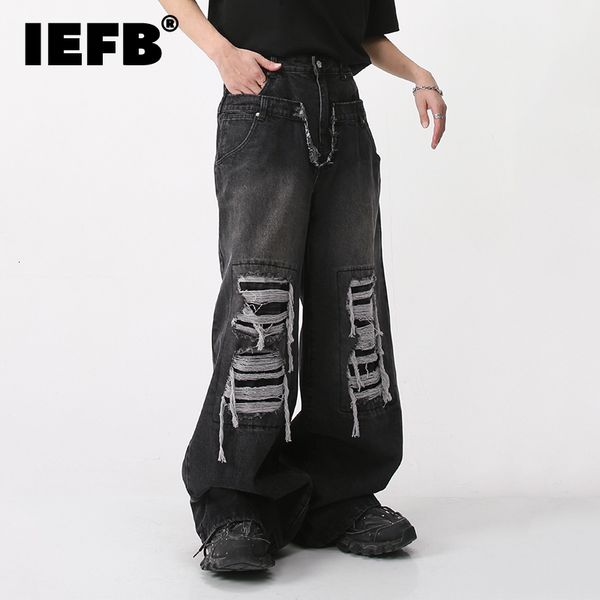 

men s jeans iefb wear casual trousers spring loose wide leg patch hole 2023 contrast color male pants vintage 9a6952 230311, Blue