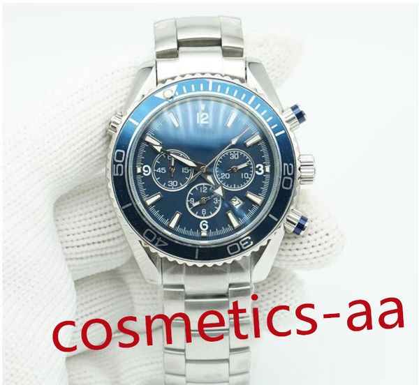 

men blue dial meter watch 44mm quartz chronograph diver 600m stainless steel glass back sports sea mens watches, Slivery;brown