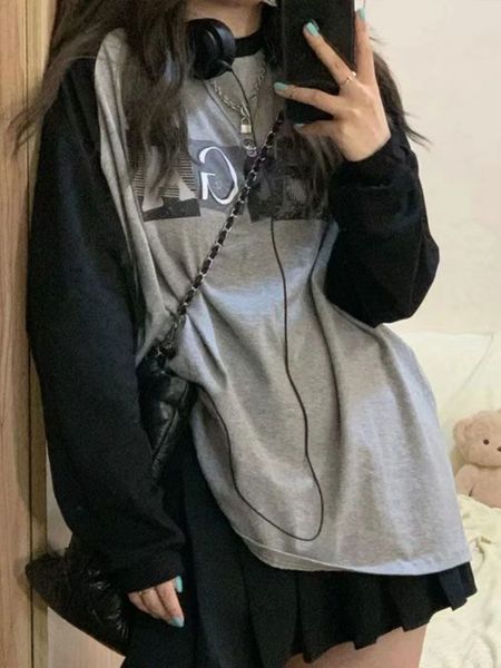 

women's hoodies sweatshirts houzhou grunge y2k long sleeve gray tshirt harajuku vintage 90s graphic t shirts female kpop streetwear 230, Black