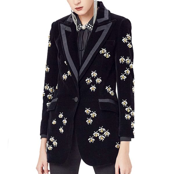 

women's jackets designer bees blazer party cocktial luxury clothes turn-down collar full sleeves embroidery high waist pocket jackets, White;black