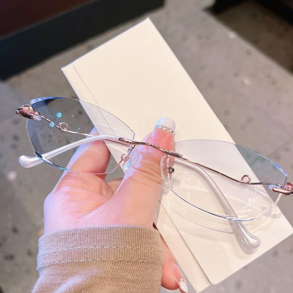 

rimless beauty makeup glasses ladies diamond cut edge delicate personality prescription mirror fashion temperament ladies blue glasses, Silver