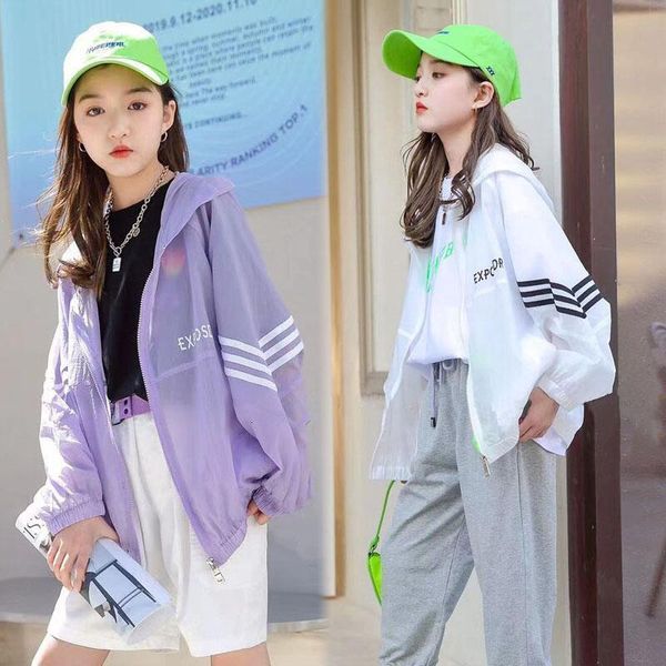 

jackets teengaer big girls oversized children's sun protection clothing summer thin see through coat fashion hooded outwear 230311, Blue;gray