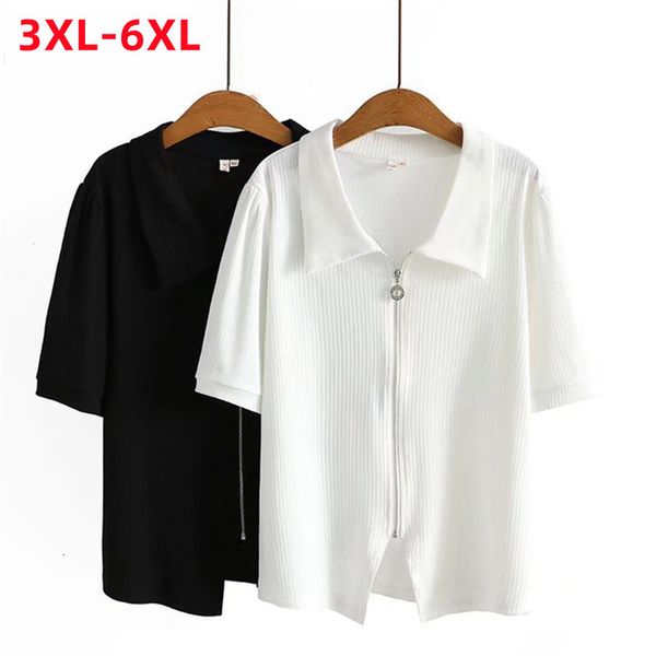 

women's blouses shirts summer plus size knit for women large size short sleeve slim elastic white zipper cardigan shirt 3xl 4xl 5xl 6x