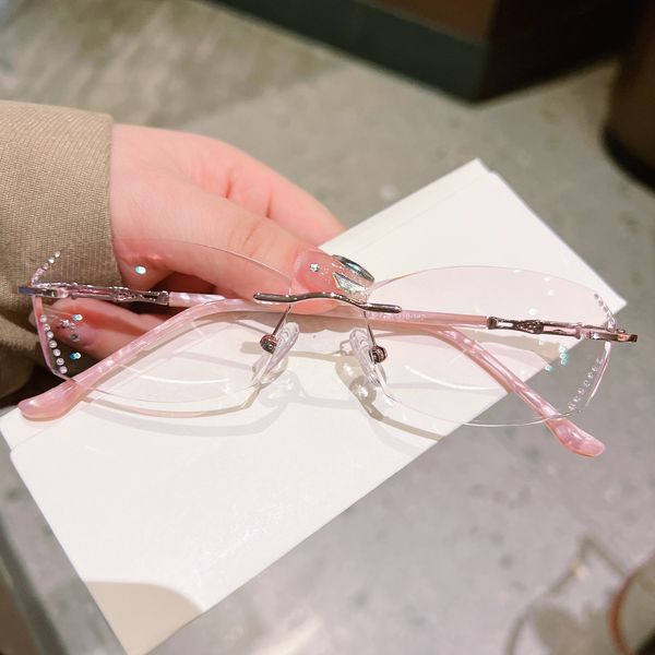

rimless glasses women's diamond cut edge delicate personality prescription mirror fashion temperament women's glasses pink romance, Silver