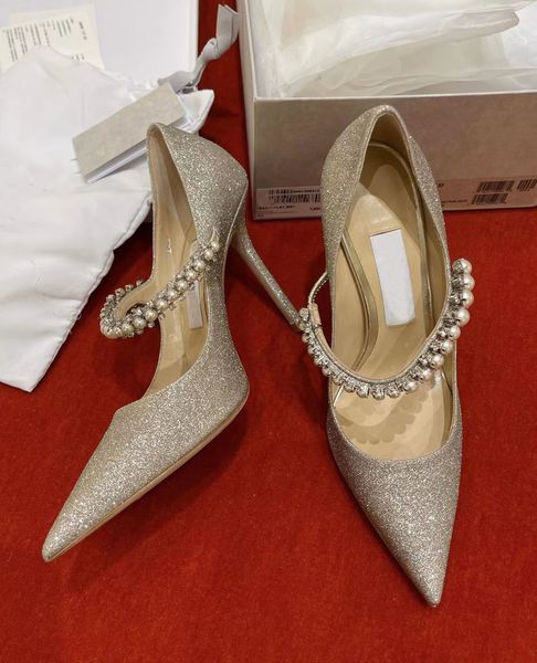

perfect bridal option baily sandals shoes platinum ice dusty glitter pumps with crystal & pearl strap lady pointed toe high heels eu35-43, Black