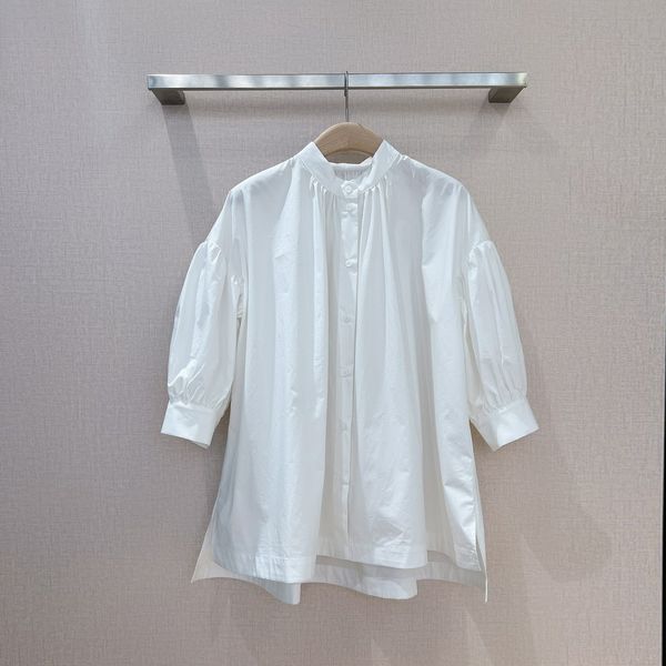 

women's shirt combed poplin cotton short sleeve stand collar shirt, White