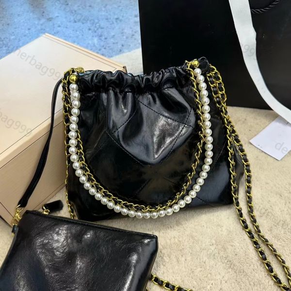 

classic designer handbag black leather handbag pearl chain bag leather women's garbage bag large capacity bag one shoulder handbag