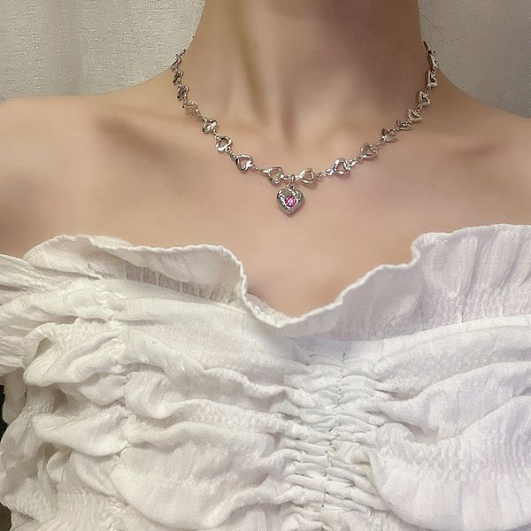 

afshor pink crystal heart pendant necklace women light luxury girl emo punk grunge lovely clavicle chain fashion valentine's day gifts, Silver