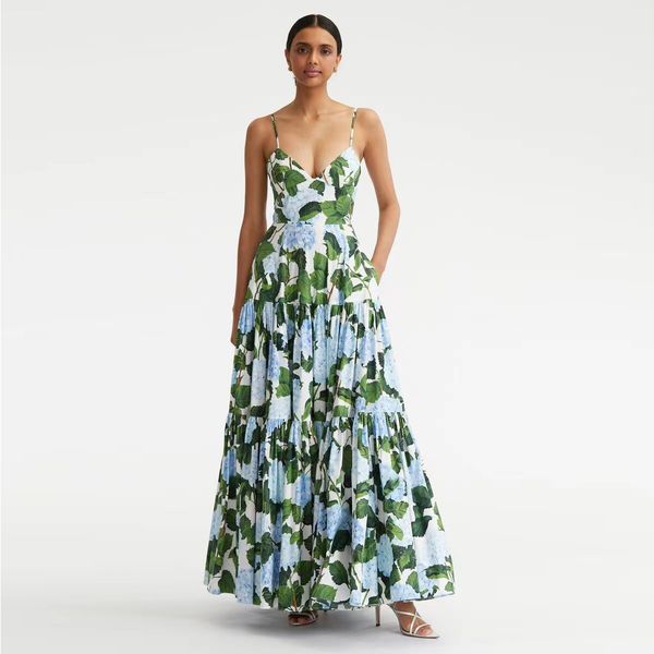 

american designer dress hydrangea printed suspender dress, Black;gray