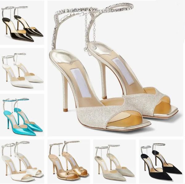 

23s italy design women saeda sandals shoes with crystal chain stiletto heel party wedding lady gladiator sandalias lady wedding party dress, Black