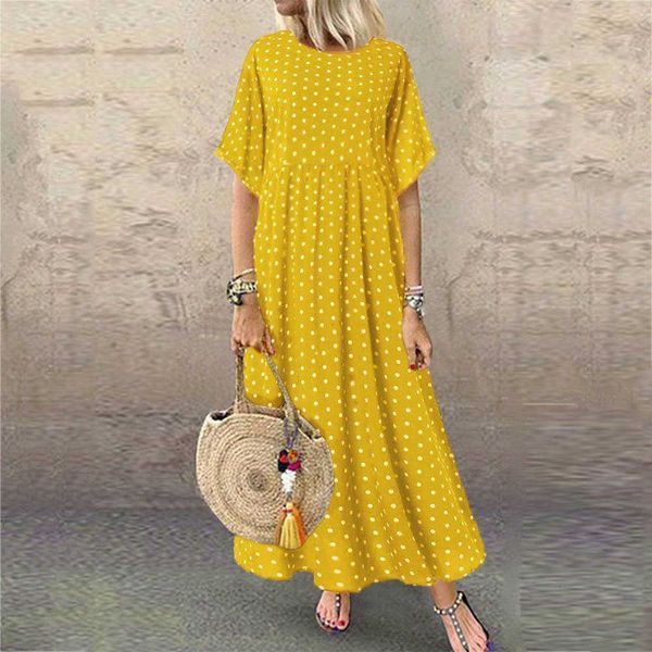 

casual dresses summer casual loose bohemia beach maxi dress for woman 2021 fashion polka dot print short sleeve elegant ladies midi dresses, Black;gray