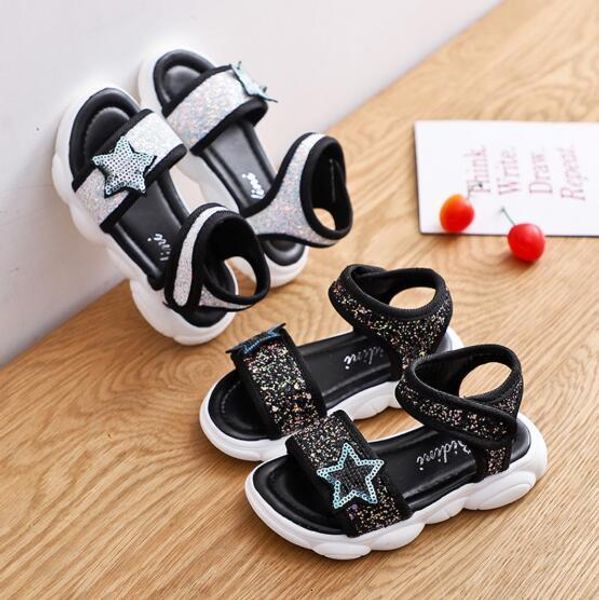 

sneakers girls sandals summer star sequins princess kids sports shoes bling open toe children beach sandals 230311, Black;red