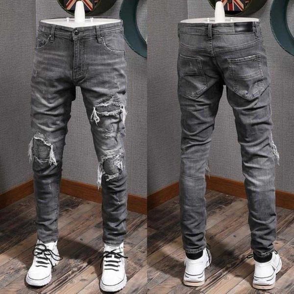 

23 new men's patches detail biker fit jeans men slim motorcycle for mens vintage distressed denim jean pants tpoh, Blue