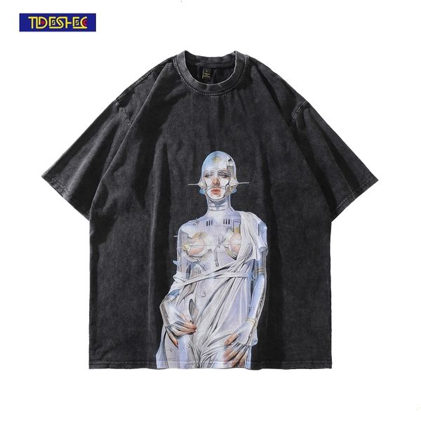 

men s t shirts vintage tshirt men streetwear hip hop portrait robot graphics print distressed t shirt harajuku summer cotton washed 230311, White;black