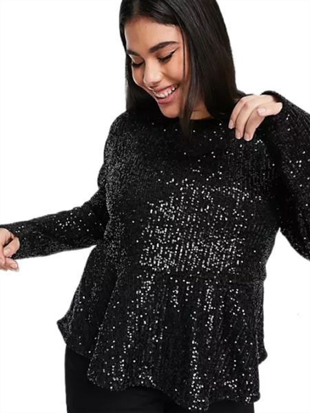 

women's blouses shirts plus size elegant fashion summer spring sequin black women peplum blouse work office long sleevelarge size 6xl 7, White
