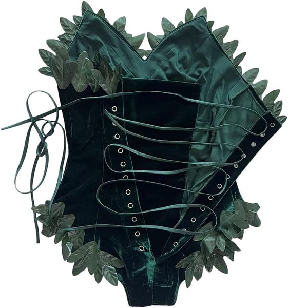 

saqulopr halloween bodysuits women costume leotard poison ivy corset leaf corset back, Red;black