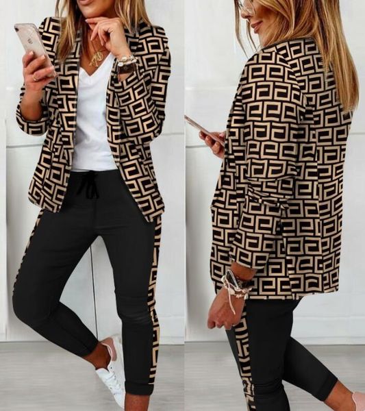 

femme tracksuits formal geometric print jacket & trousers office lady outfits autumn women two pieces set chain print blazer coat & pants su, Gray