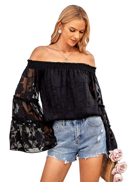 

off-shoulder pullover fashion women's blouse loose floral solid color new chiffon ruched neckline panelled sheer flare long sleeves sh, White