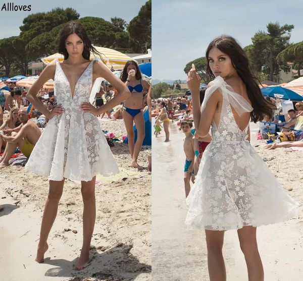 

pretty flowers lace a line wedding dresses for women plunging v neck sleeveless summer beach bridal gowns knee length bow backless short rob, White