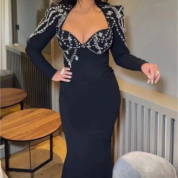 

evening dress black long sleeve shoulder diamond waist long dress, Black;pink