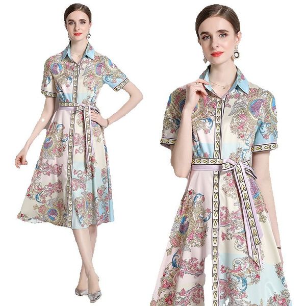 

summer print slim a-line dress short sleeve 2023 women designer shirt neck office chic loose big swing midi dresses sweet casual resort ribb, Black;gray