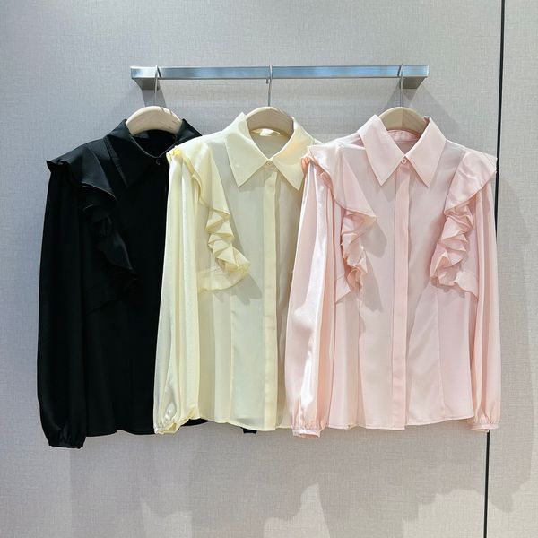 

women's shirt new early spring lapel neck ruffled sleeved silk shirt, White