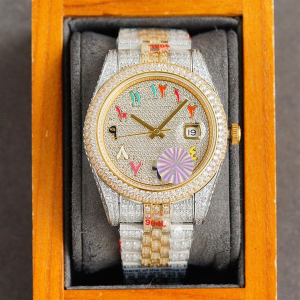 

automatic full diamond mens watch 41mm mechanical watches diamonds bezel sapphire mirror fashion wristwatch menwatch classic calen306u, Slivery;golden