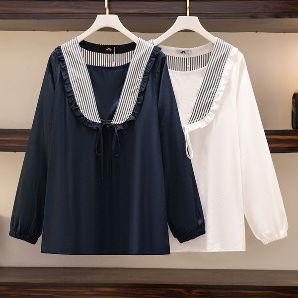 

women's blouses shirts 150kg plus size women's bust 151 autumn loose long-sleeved striped doll collar shirt white blue 5xl 6xl 7xl