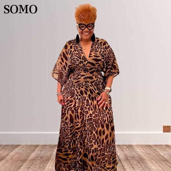 

plus size dresses leopard print women high waist half sleeve v neck maxi long dress ladies summer wholesale dropshipping 230307, Black